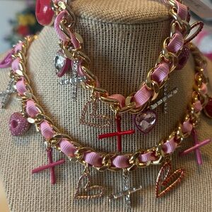 Betsey Johnson Pink and Gold Heart Cross Necklace